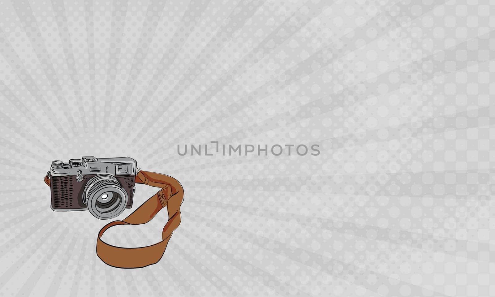 Business card  showing Drawing sketch style illustration of a vintage camera with strap viewed from front set on isolated white background.