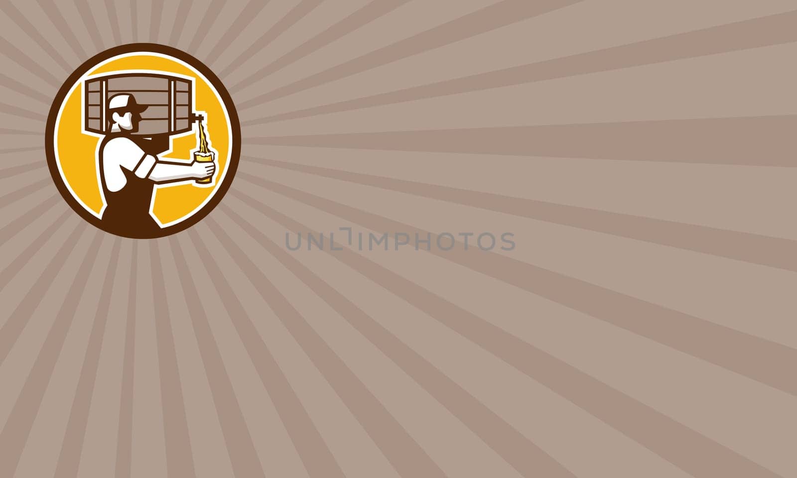 Business card showing illustration of bartender carrying keg on shoulder pouring beer from keg viewed from the side set inside circle done in retro style.