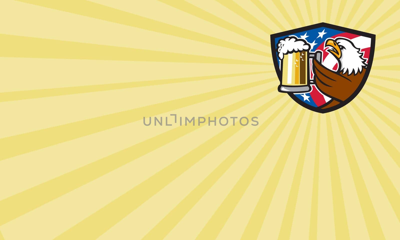 Business card showing illustration of an american bald eagle hoisting mug glass of beer stein viewed from the side with usa american stars and stripes flag in the background set inside shield crest done in retro style.