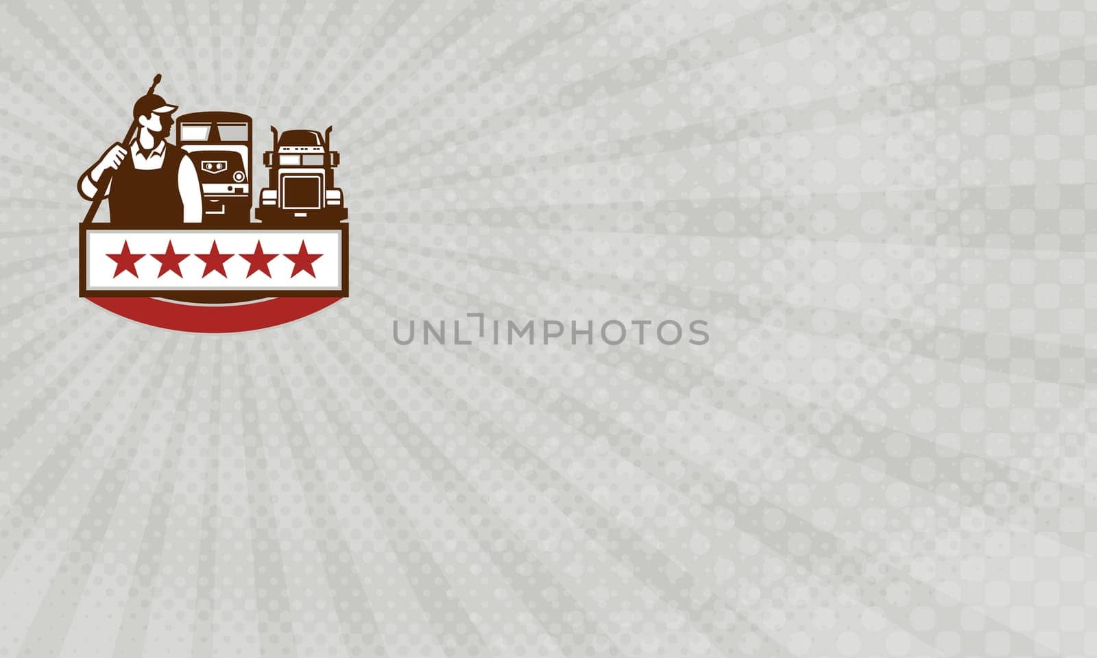 Business card  showing Illustration of a male pressure washing cleaner worker holding a pressure water gun on shoulder looking to the side with truck and train in the background with stars set on isolated white background.