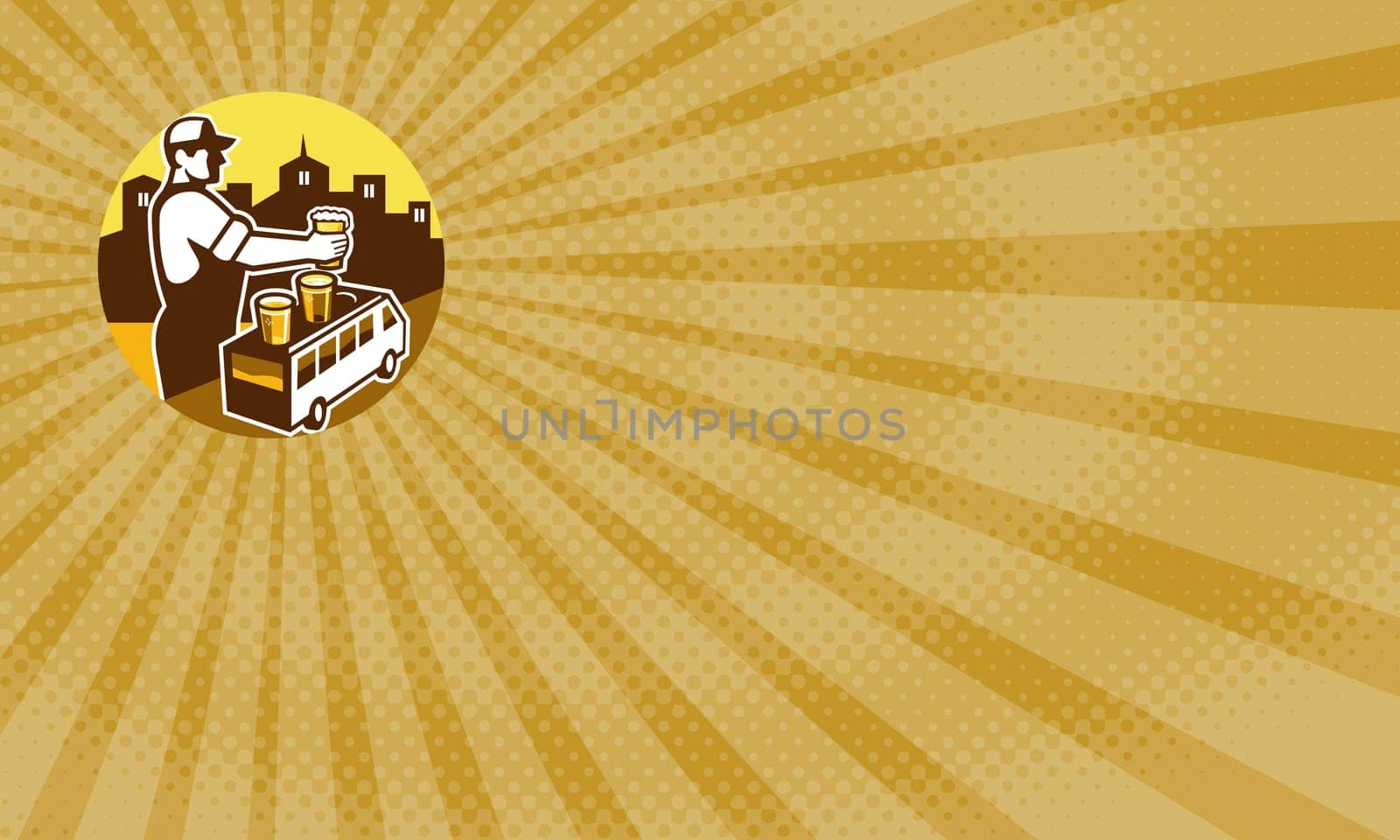 Business card  showing illustration of bartender holding beer with beer flight on top of van and cityscape buildings in the background viewed from the side set inside circle done in retro style.
