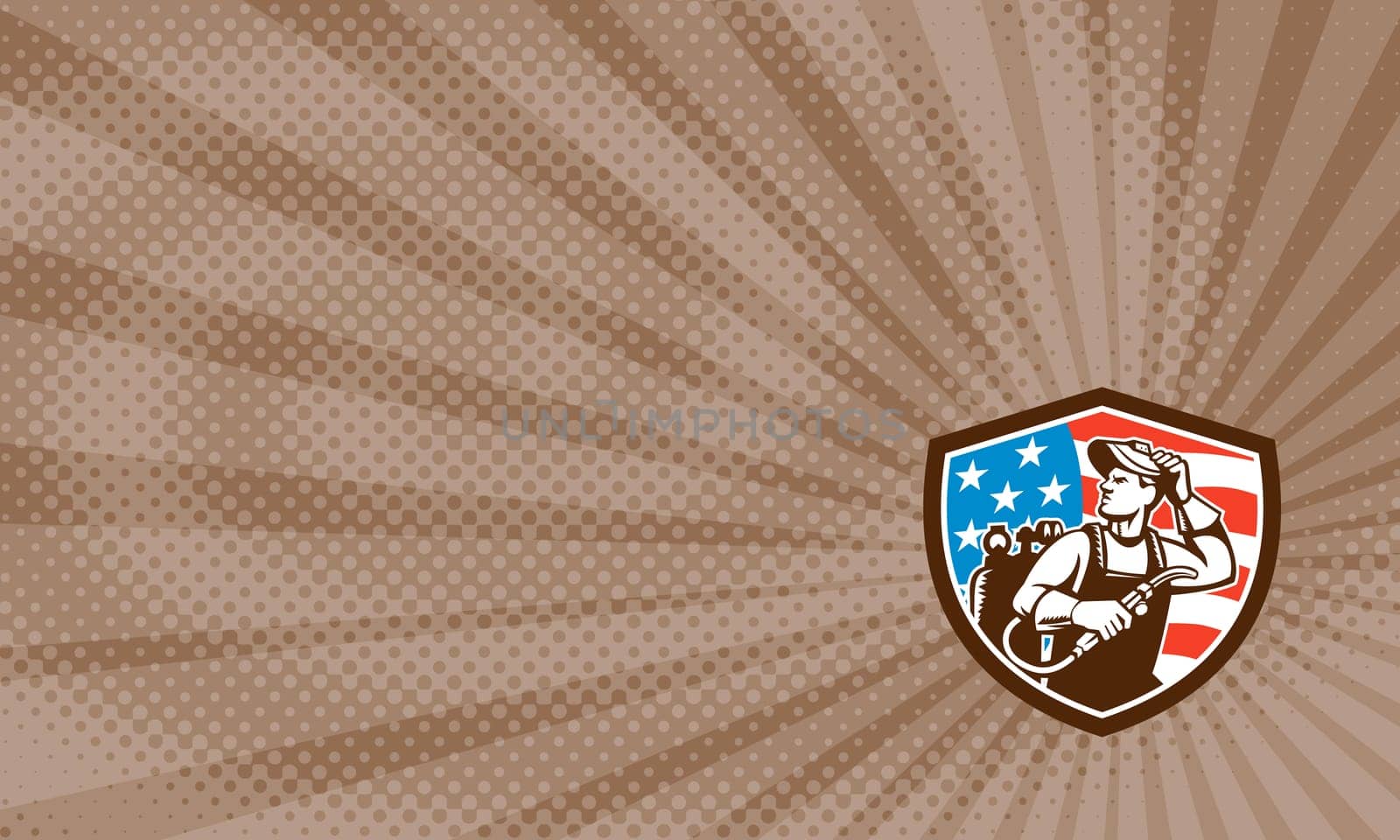 Business card  showing illustration of a welder rod-holder with cable and electrode for electric arc welding and welder visor mask looking to the side with usa american stars and stripes flag in the background set inside shield crest done in retro style.