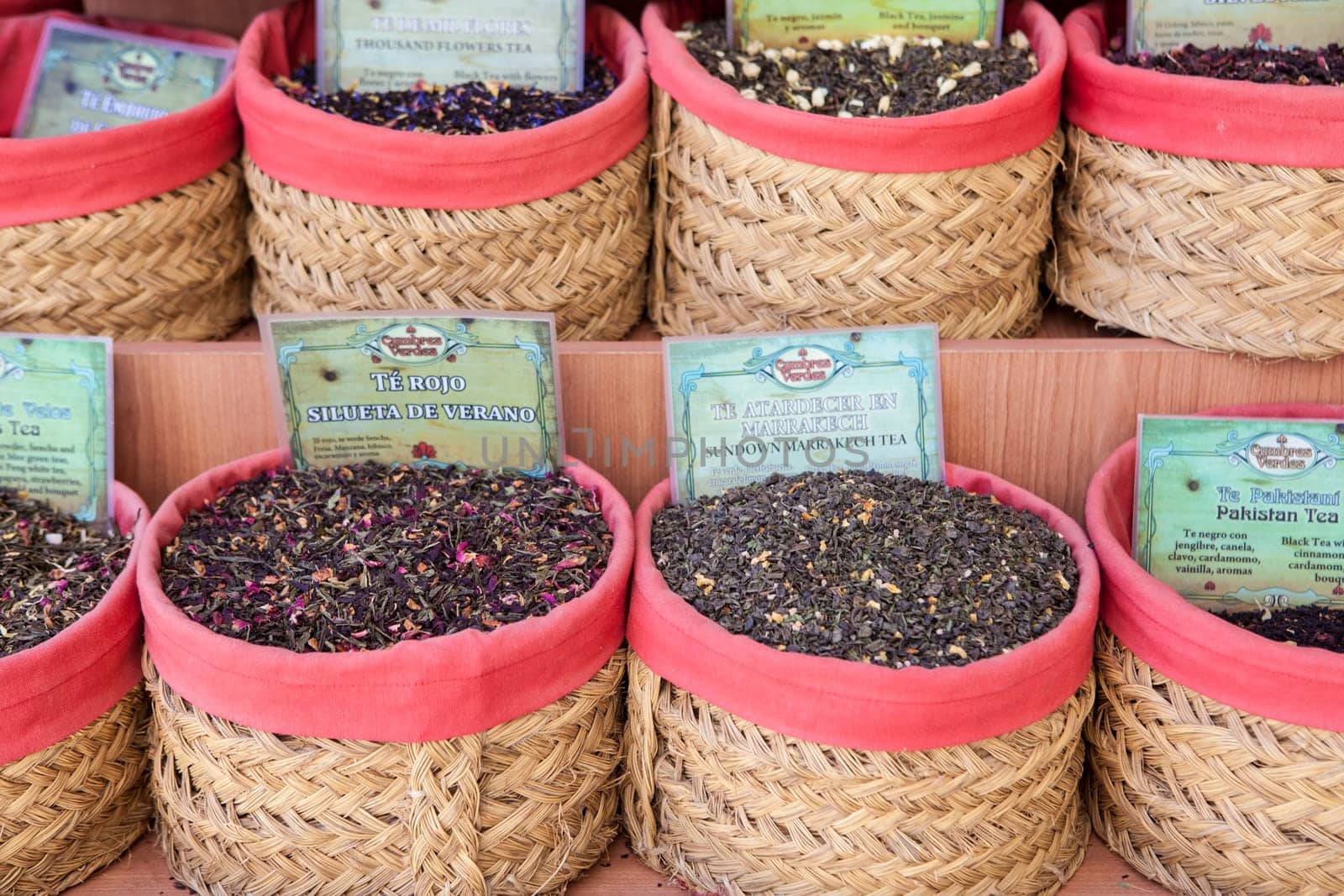 Granada, Spain - August 5, 2016: spices, seeds and tea sold in a traditional street market
