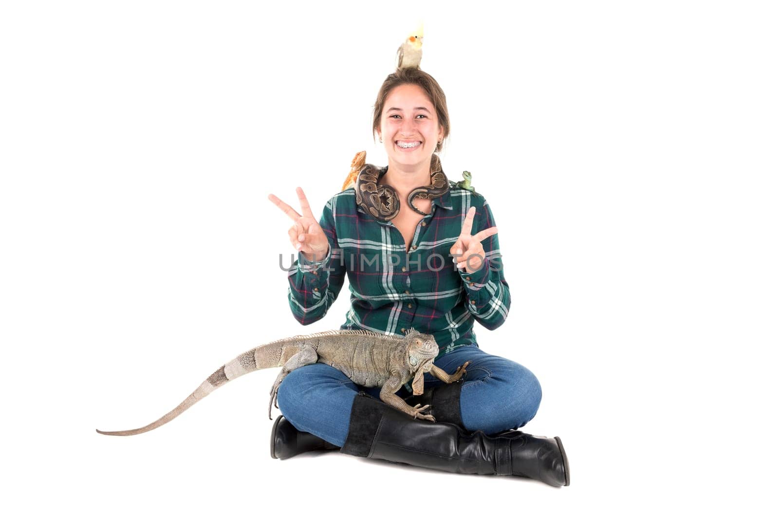 Girl with several pet animals isolated in white