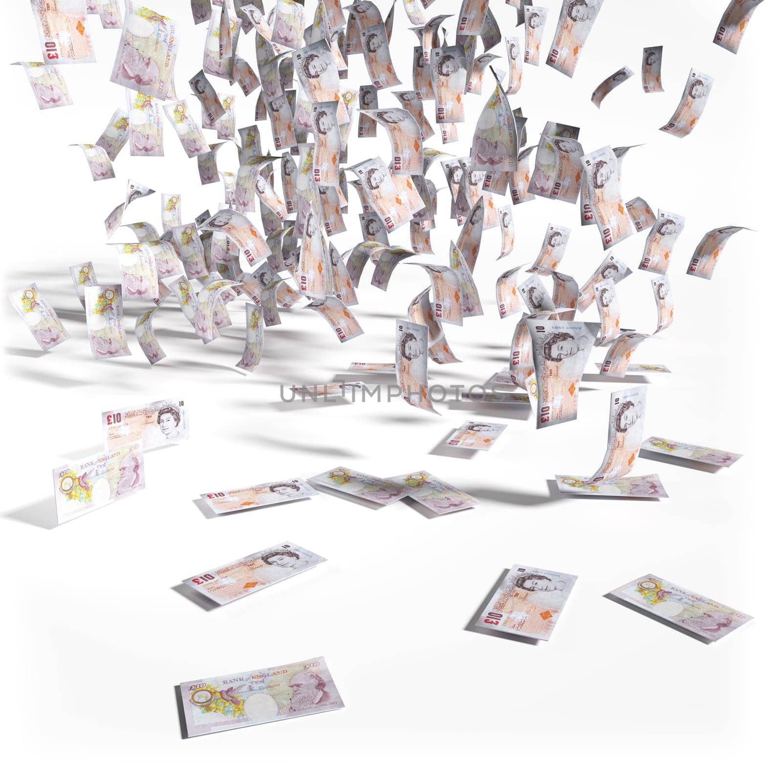 Rain of money from 10 English pound notes