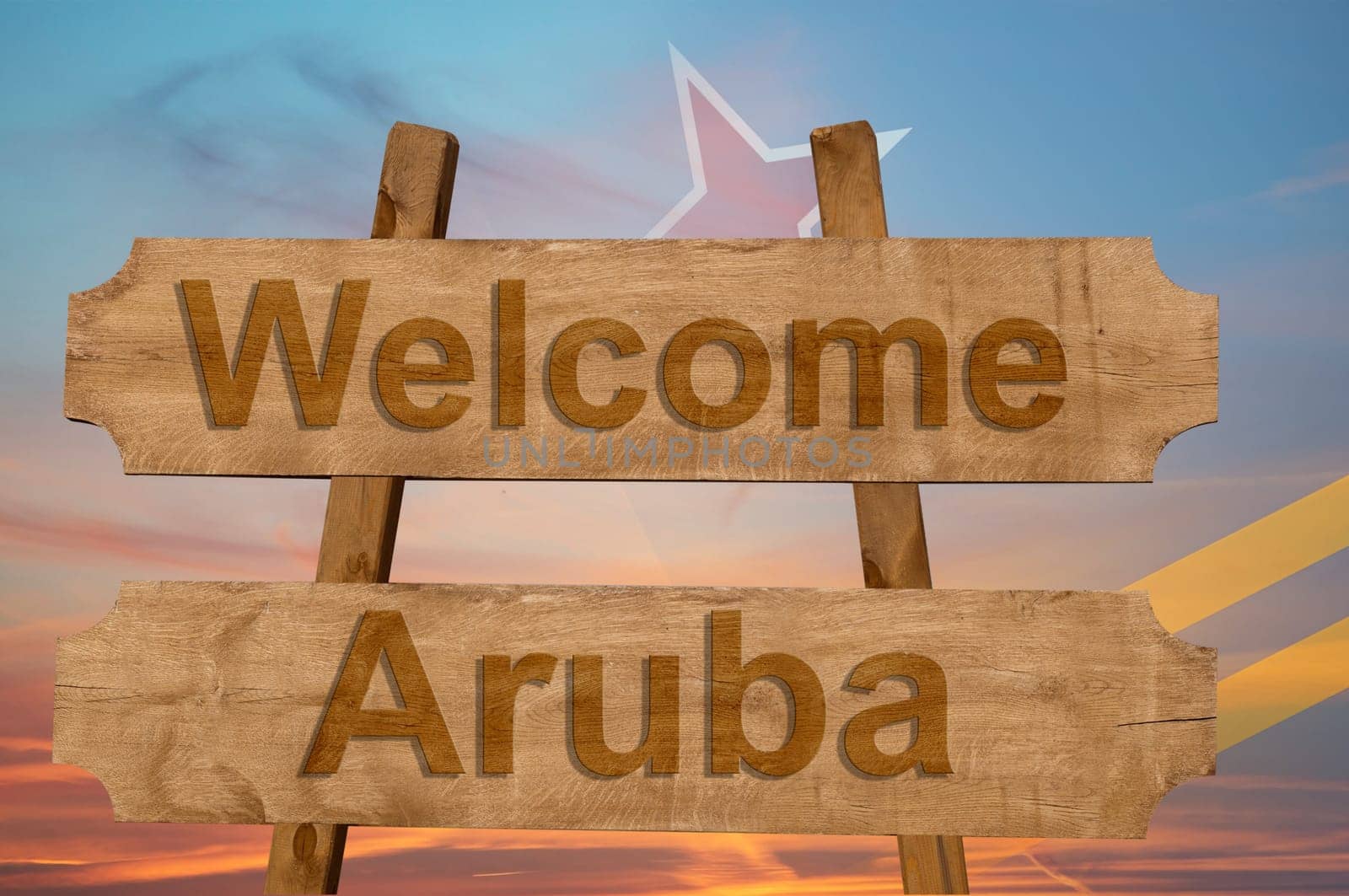 welcome to aruba sing on wood background with blending national flag