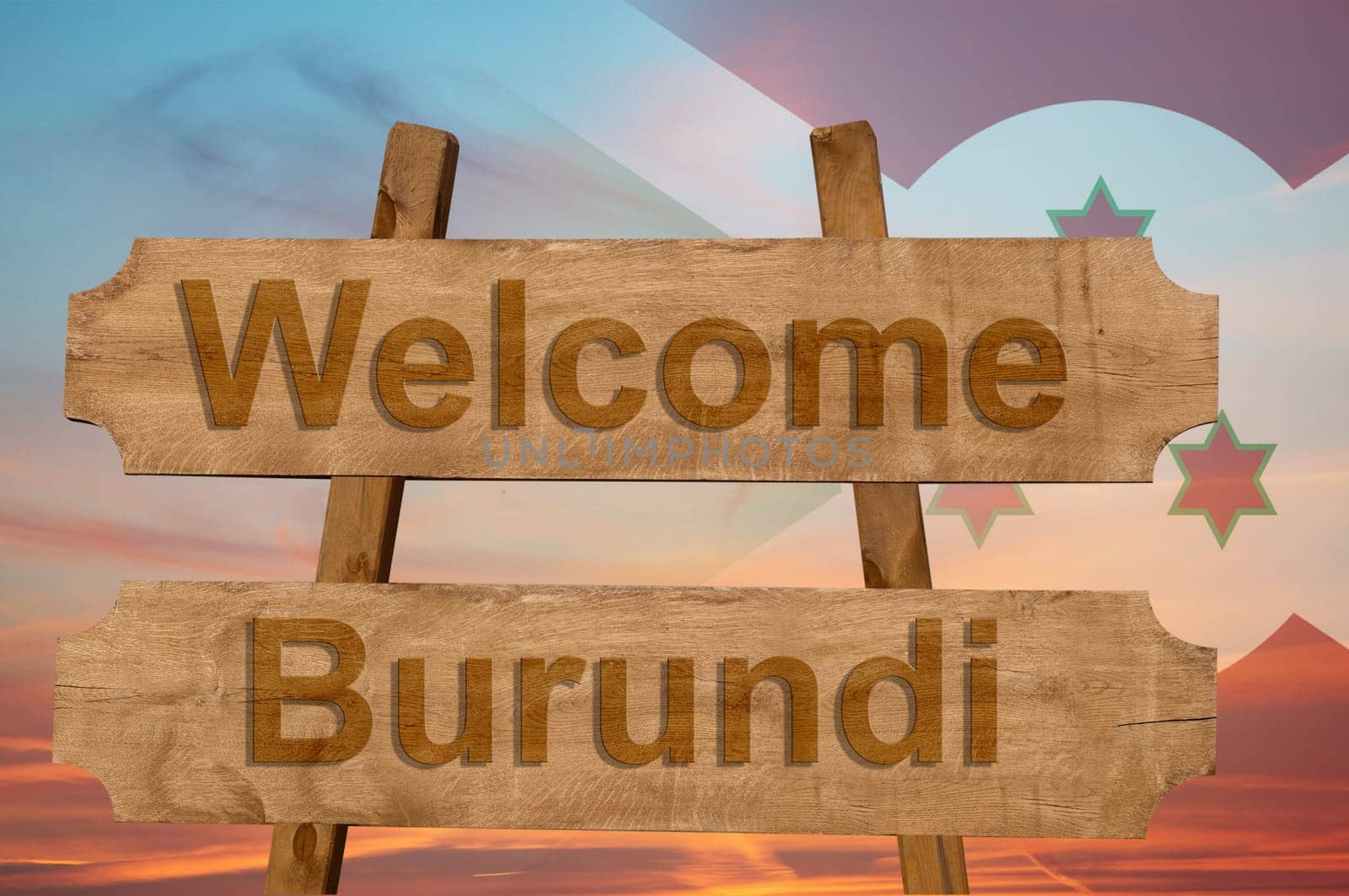 welcome to burundi sing on wood background with blending national flag