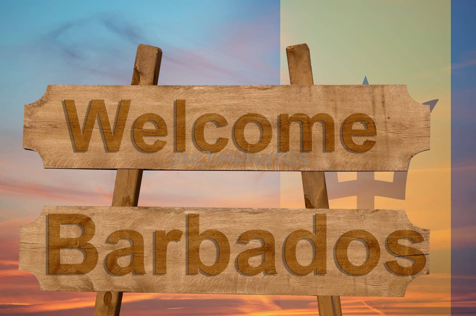 welcome to barbados sing on wood background with blending national flag