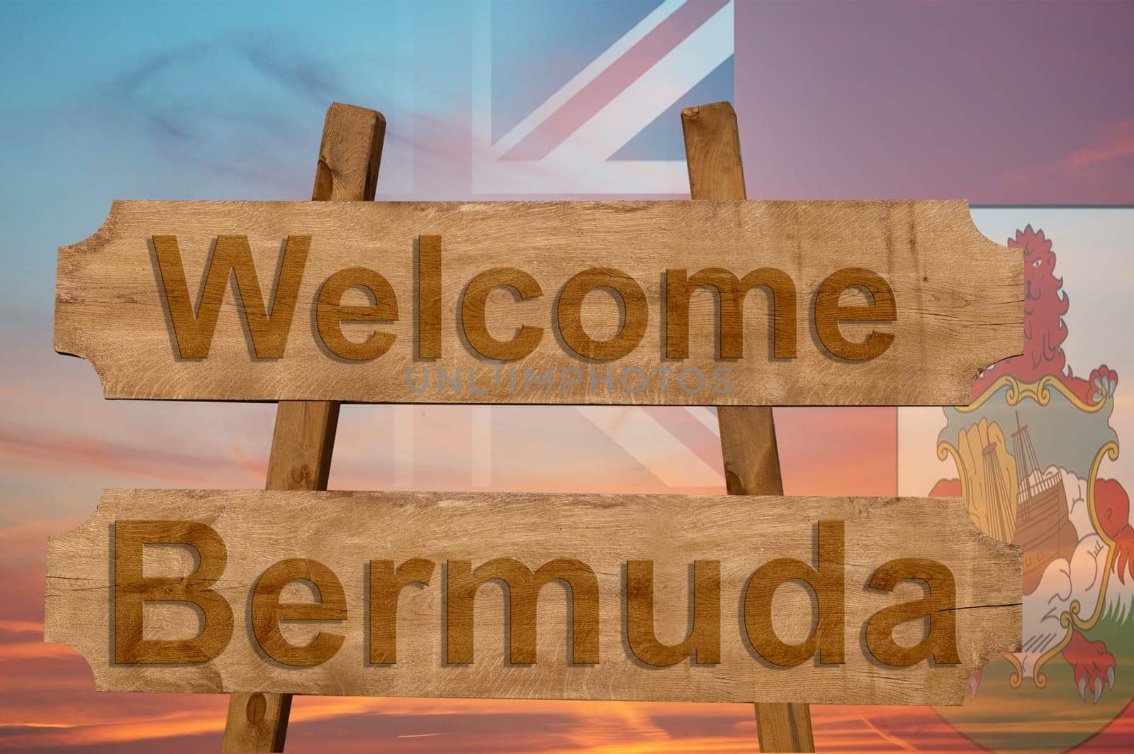 welcome to bermuda sing on wood background with blending national flag