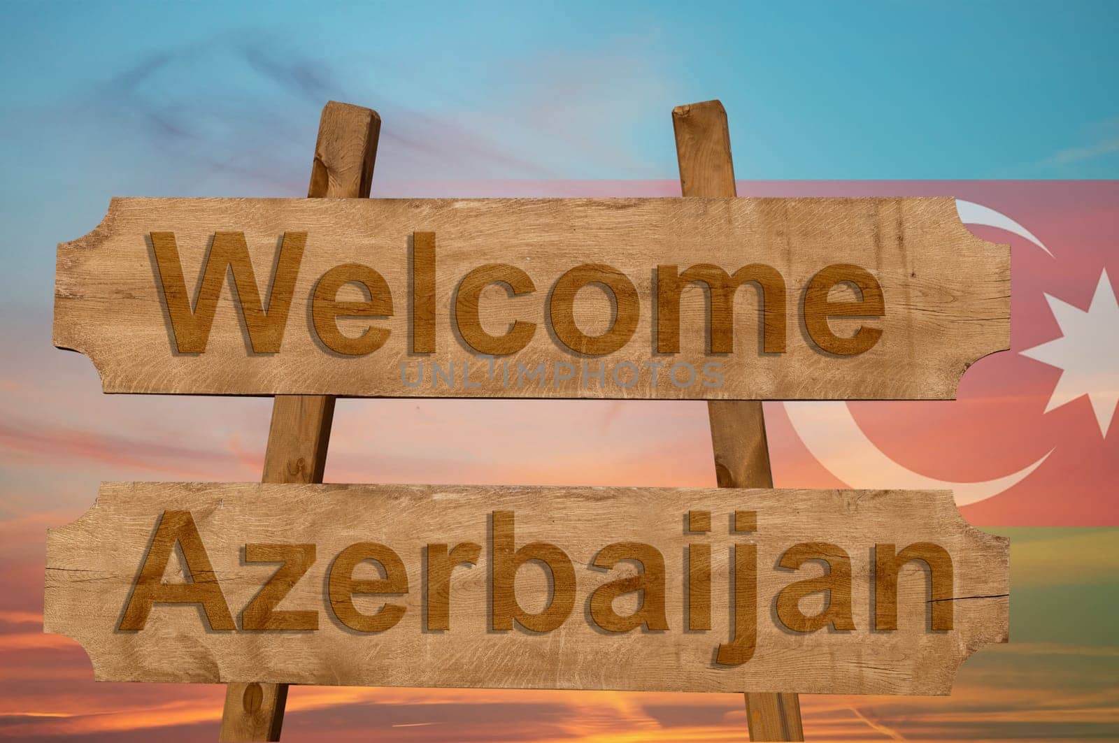 welcome to azerbaijan sing on wood background with blending national flag