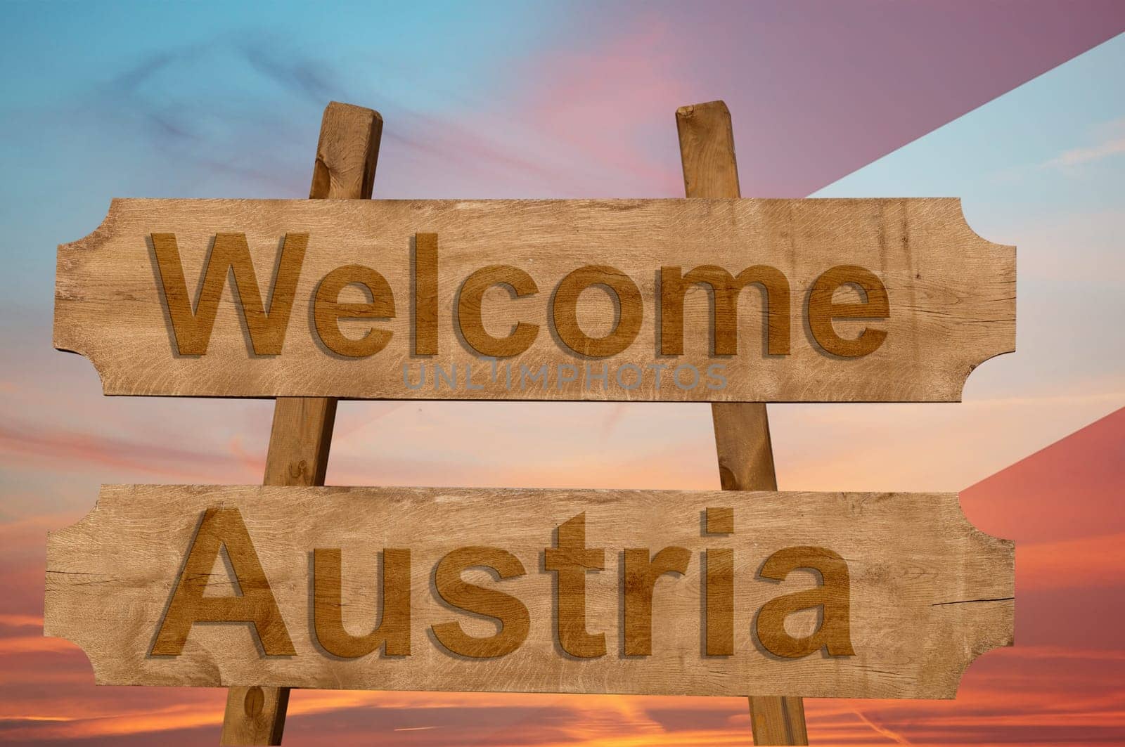 welcome to austria sing on wood background with blending national flag