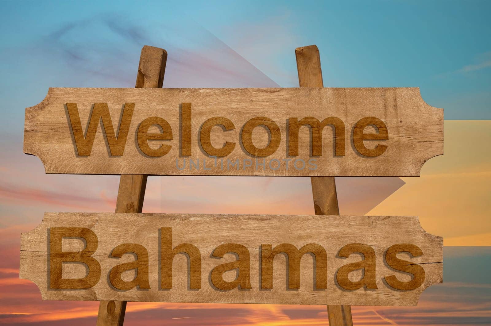 welcome to bahamas sing on wood background with blending national flag