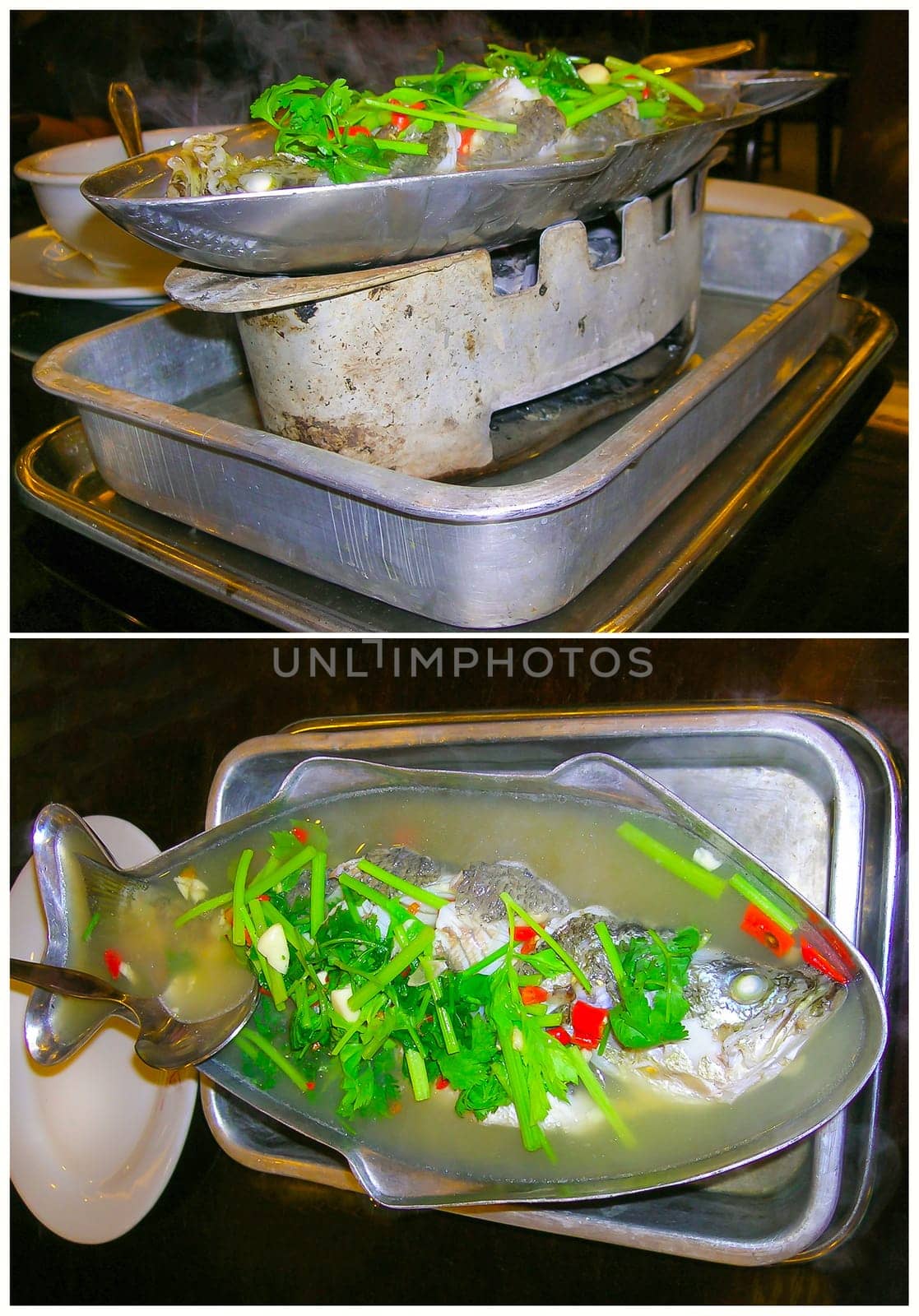 Snapper soup on the burner, thai food in Bangkok