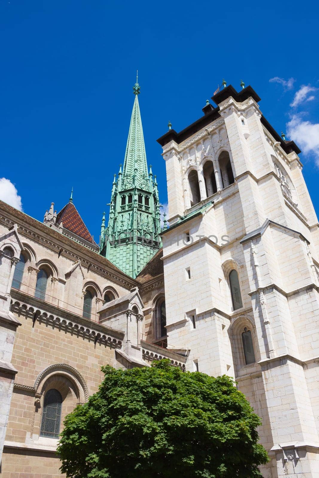 Geneva, Switzerland - June 17, 2016: The St. Pierre Cathedral is a cathedral in Geneva, Switzerland, today belonging to the Reformed Protestant Church of Geneva. Spire of St. Pierre Cathedral