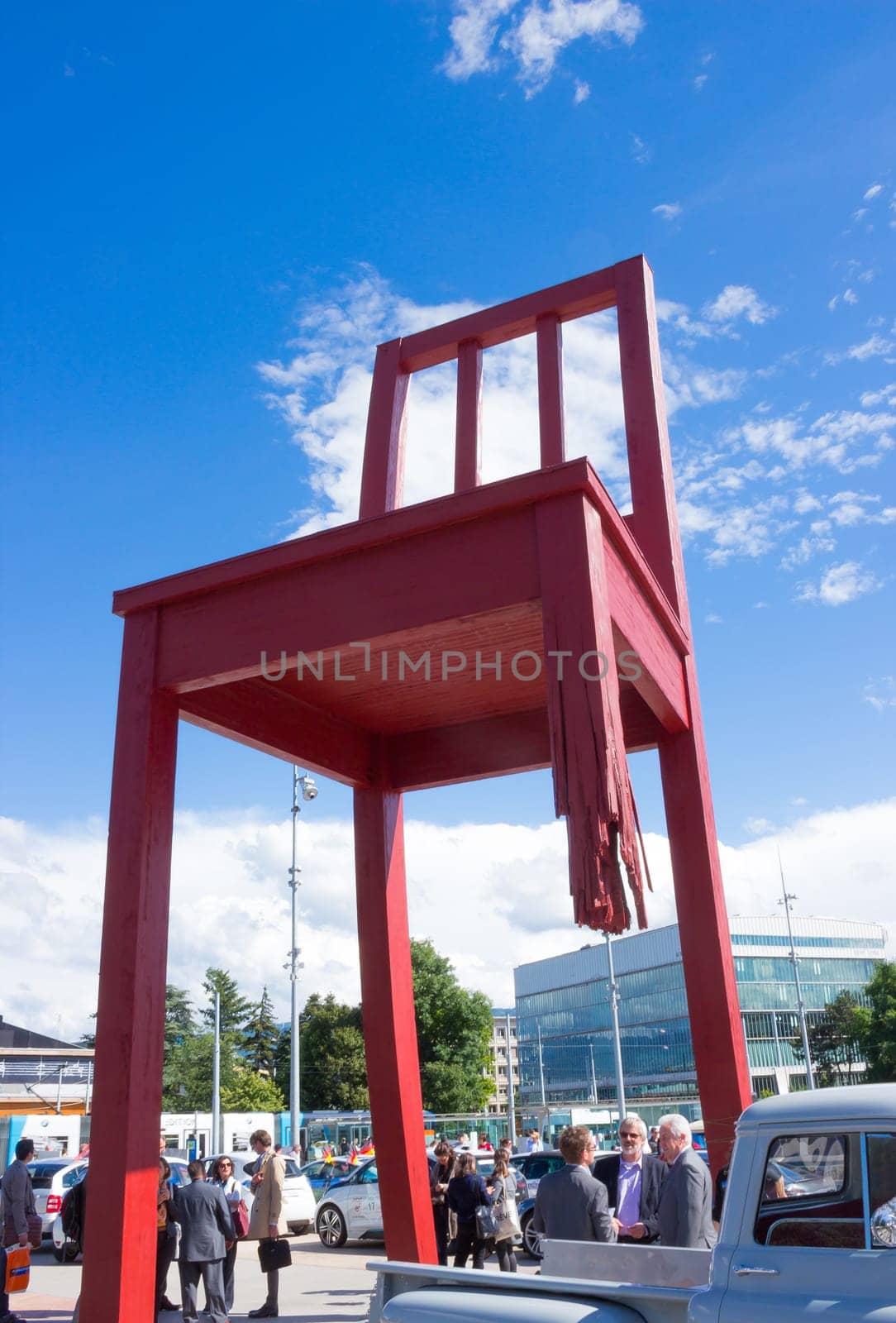 Geneva, Switzerland - June 17, 2016: The gigantic Broken Chair, symbol of the fight against landmines