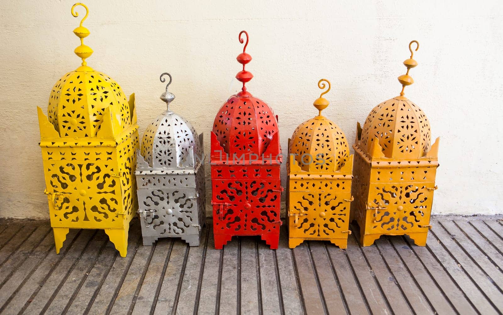 Colored brass lanterns at street market, Granada, Spain