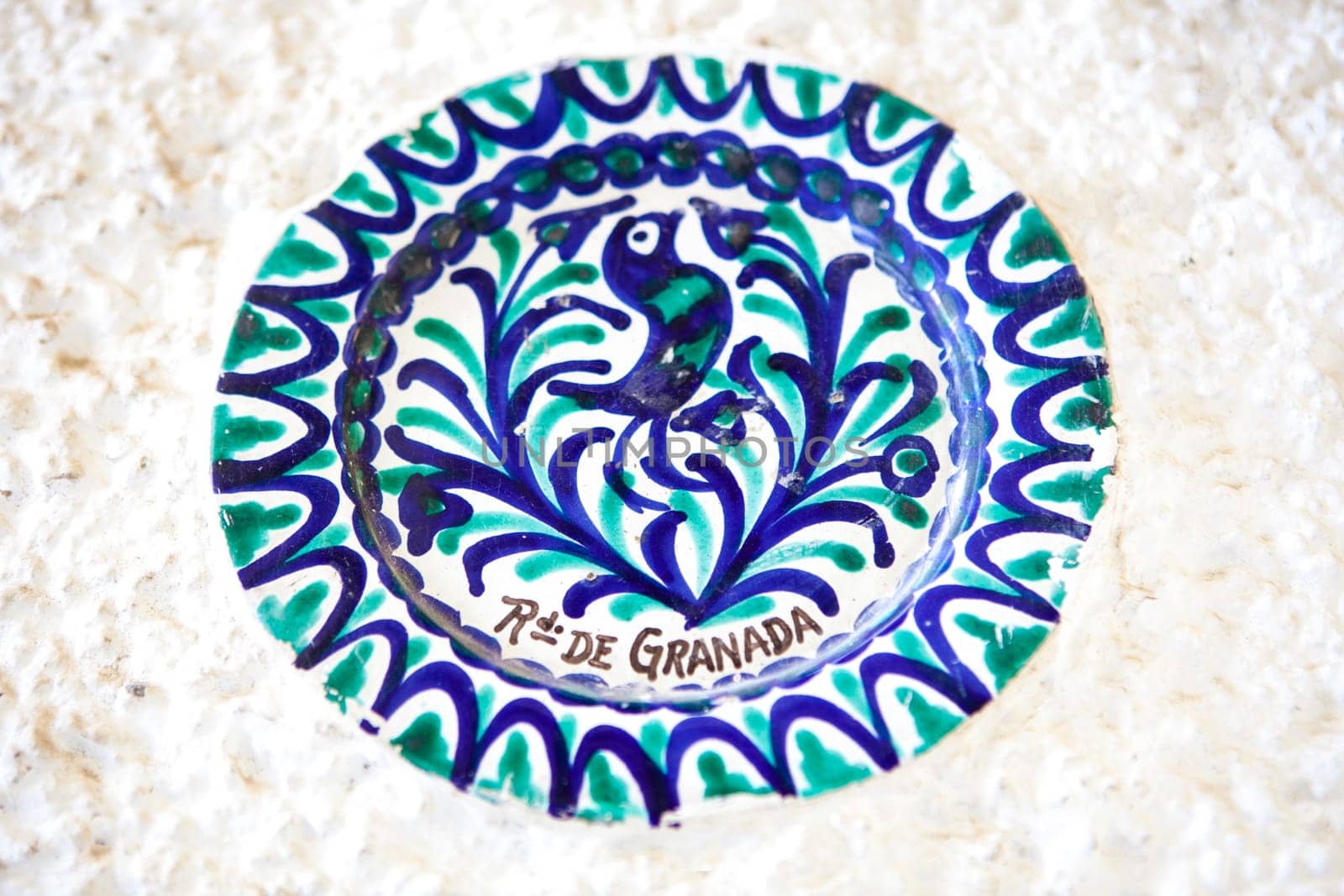 Plate of Fajalauza ceramic, originally developed in Granada Albaicin District, Spain
