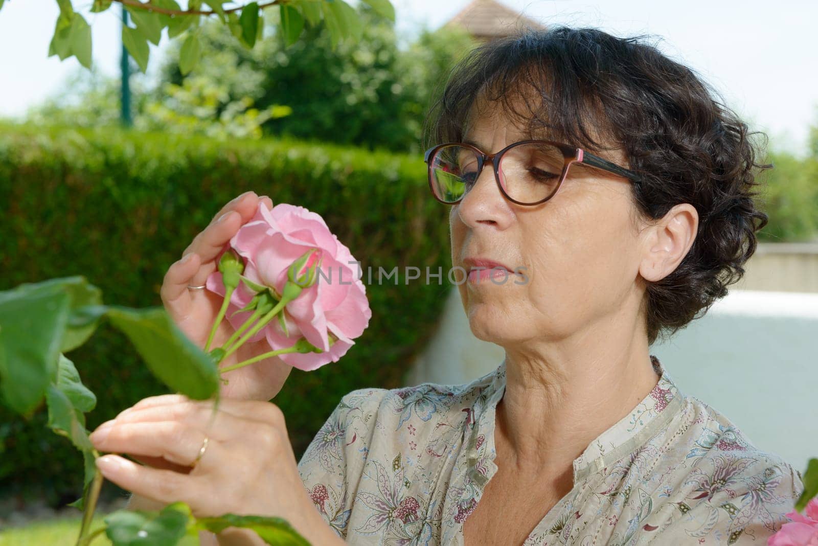 a mature woman smelling the rose of her garden
