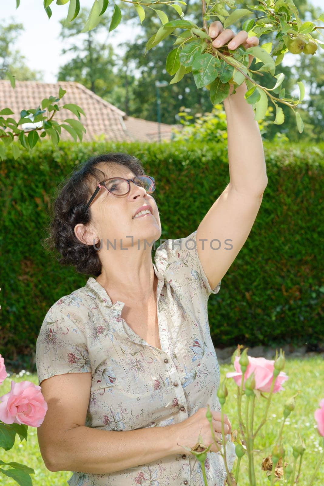 a middle-aged woman with glasses in the garden