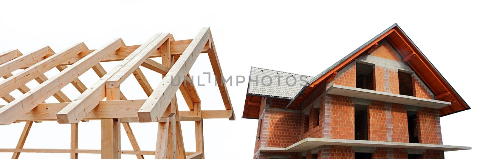 A shell made of wood and one made of brick. Newly built house made of wood and stone