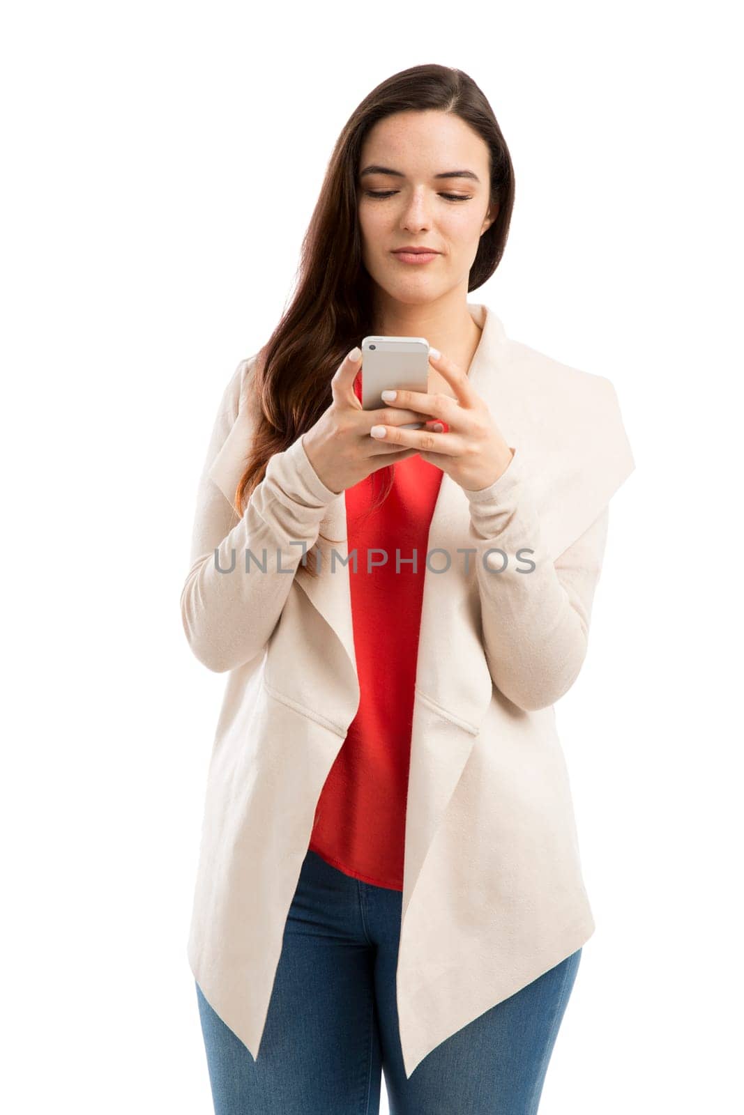 Stressed woman talking on the phone, isolated over white background