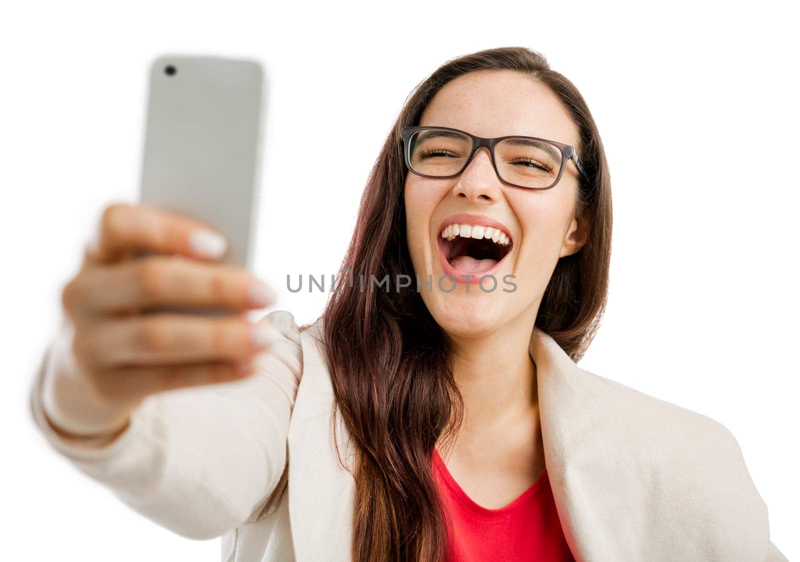 Stressed woman talking on the phone, isolated over white background