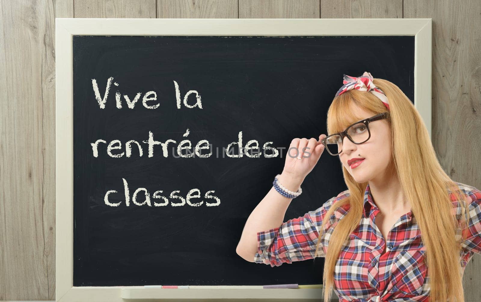 "vive la rentree des classes"", pretty teacher with black glasses"