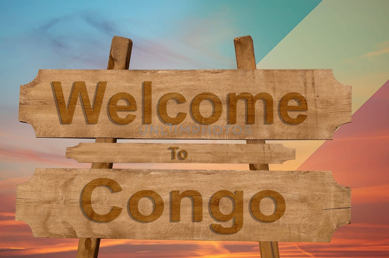 welcome to congo sing on wood background with blending national flag