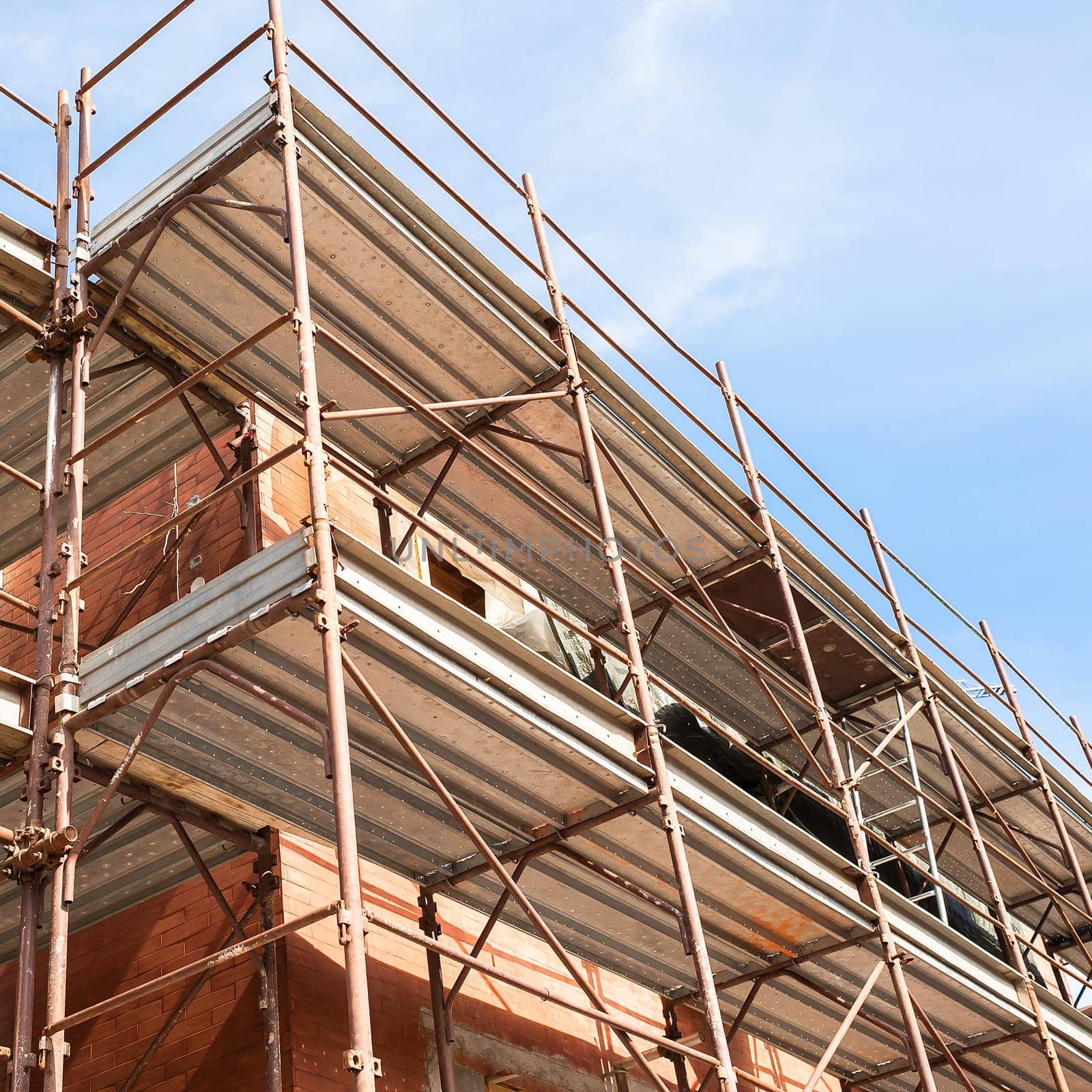 Construction scaffolding of a building under renovation.