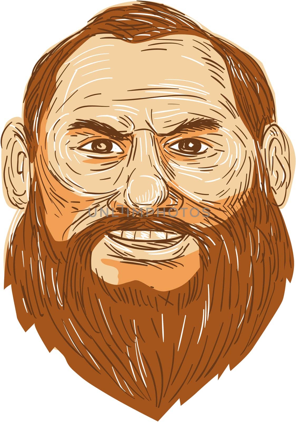 Illustration of a big man smiling with bearded face viewed from front set on isolated white background done in retro style.