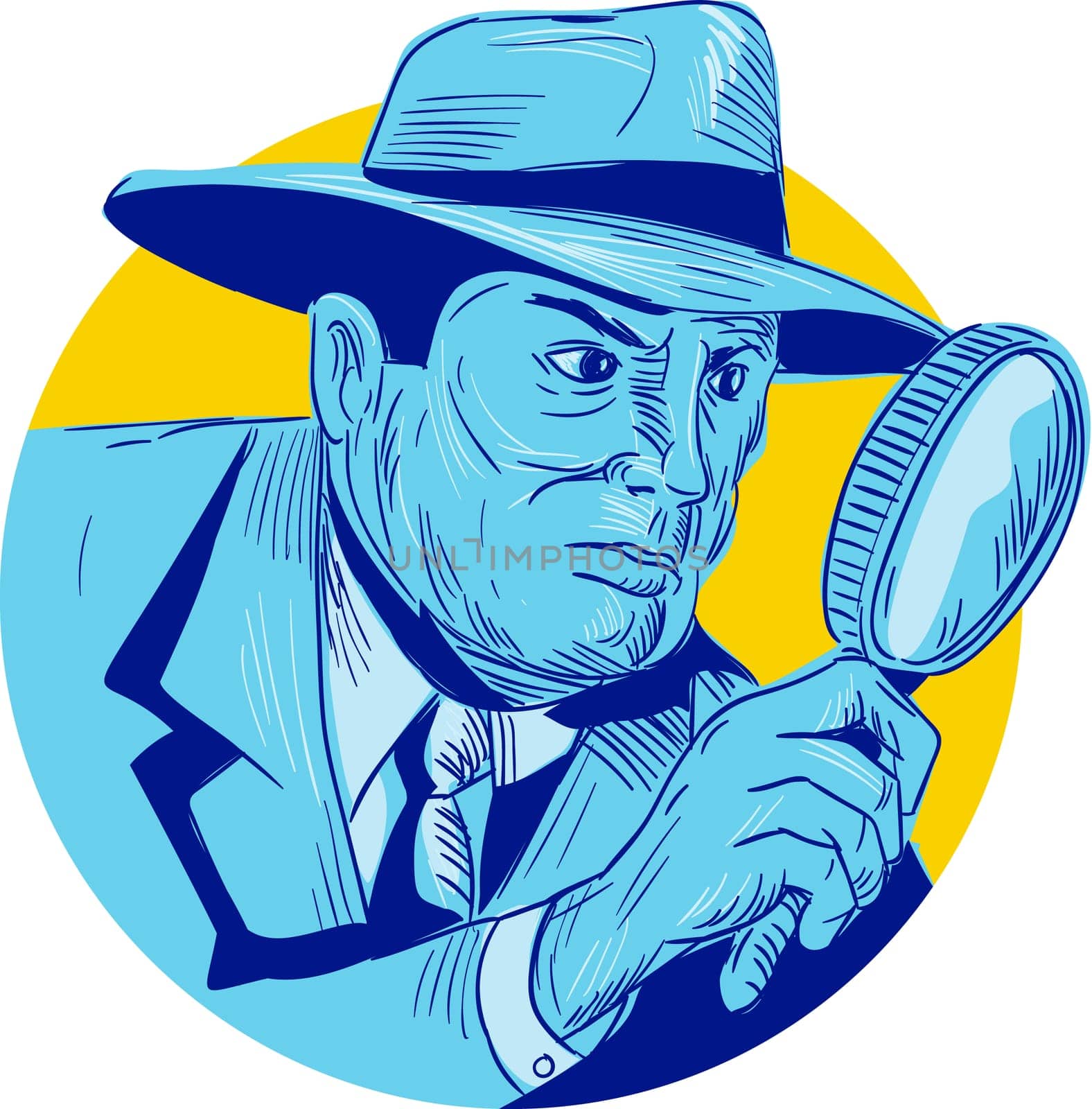 Drawing sketch style illustration of a detective policeman police officer holding magnifying glass set inside circle on isolated background.