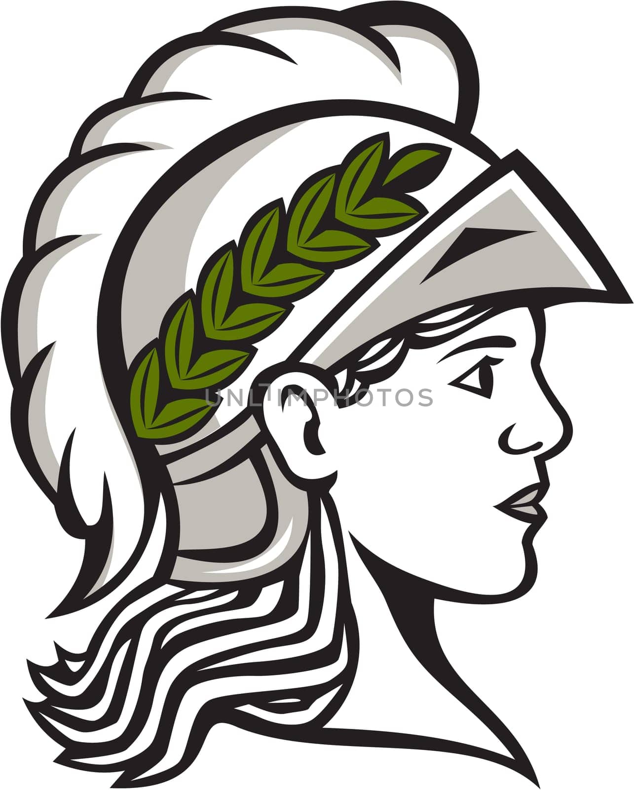 Illustration of Minerva or Menrva, the Roman goddess of wisdom and sponsor of arts, trade, and strategy wearing helment and laurel crown head viewed from side set on isolated white background.