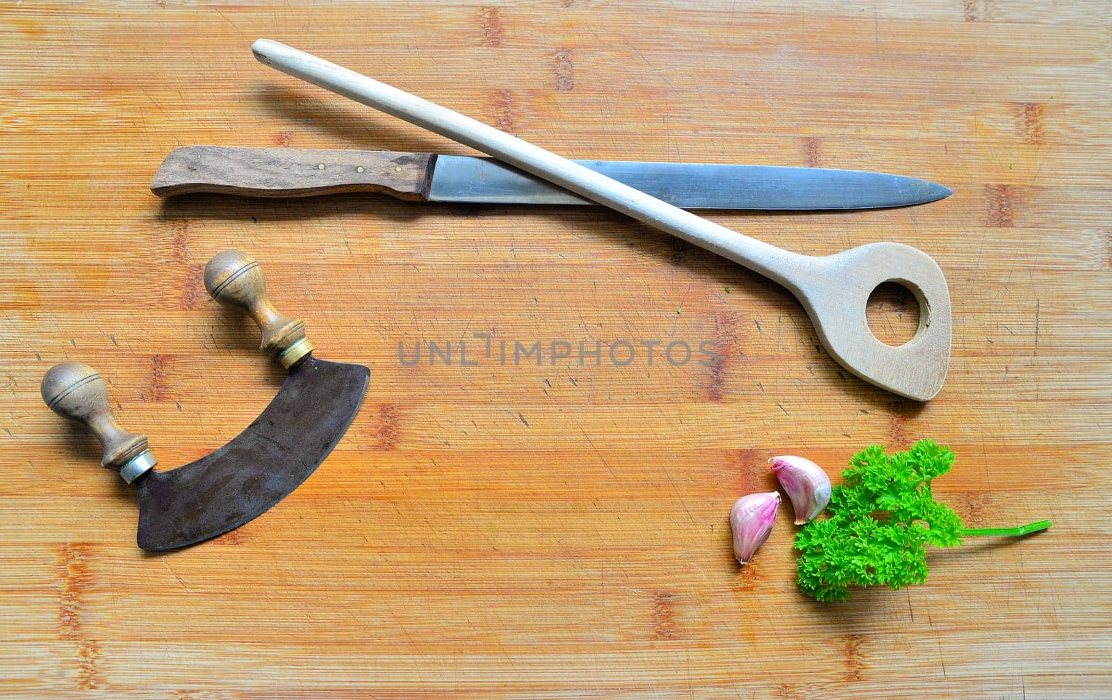 Wooden board and knife