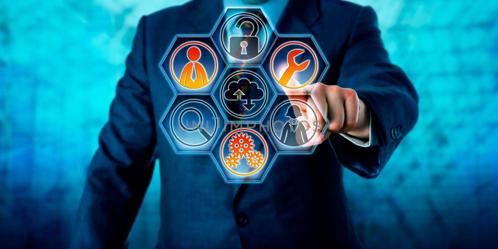Enterprise client is activating three managed services icons on a virtual control interface with hexagonal buttons. Business and information technology concept for outside IT management. Copy space.