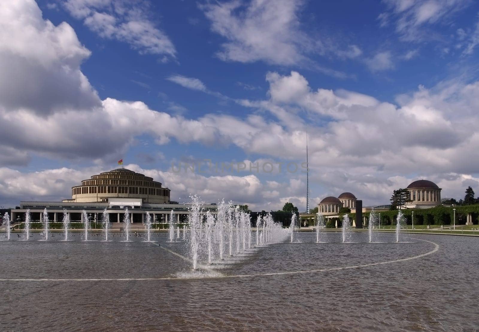 Wroclaw Centennial Hall and fountains in the park