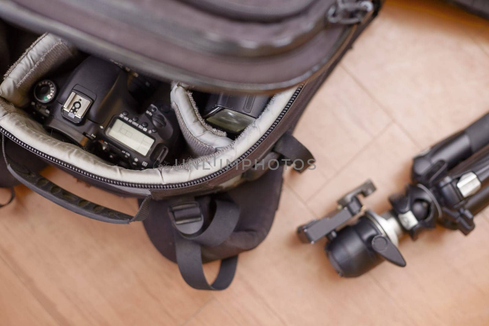AREQUIPA, PERU - AUGUST 20, 2016: Professional Photography Equipment in Protective Backpack and Tripod