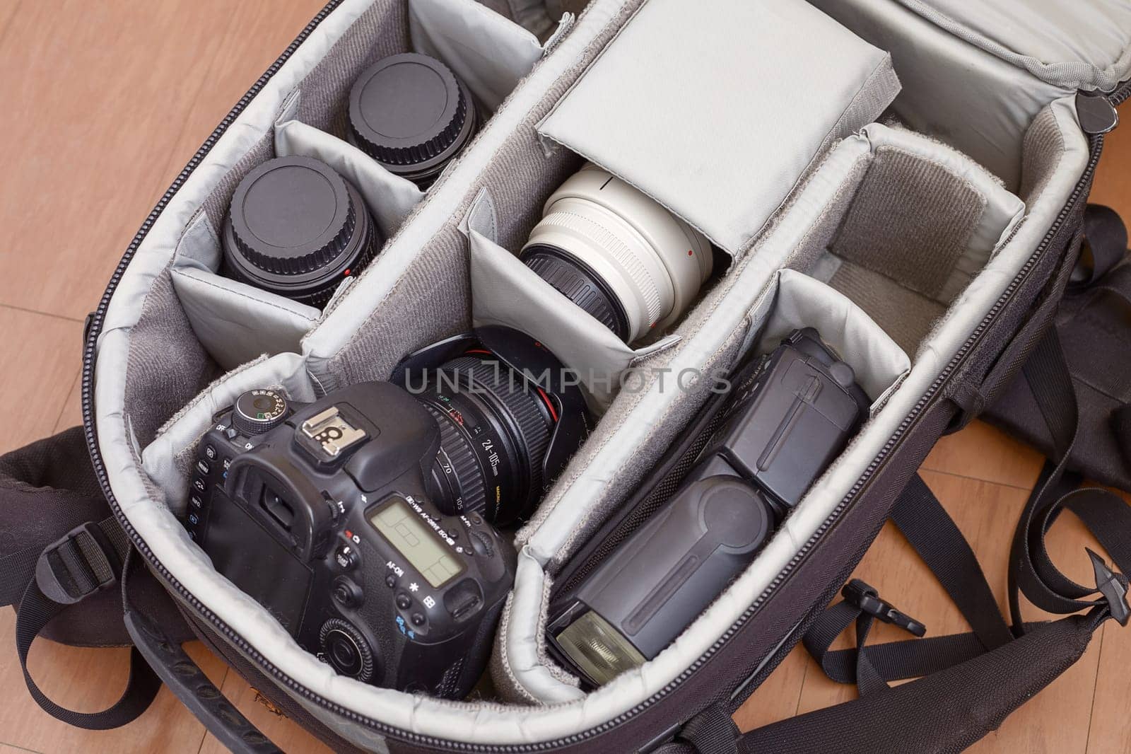 AREQUIPA, PERU - AUGUST 20, 2016: Professional Photography Equipment in Protective Backpack