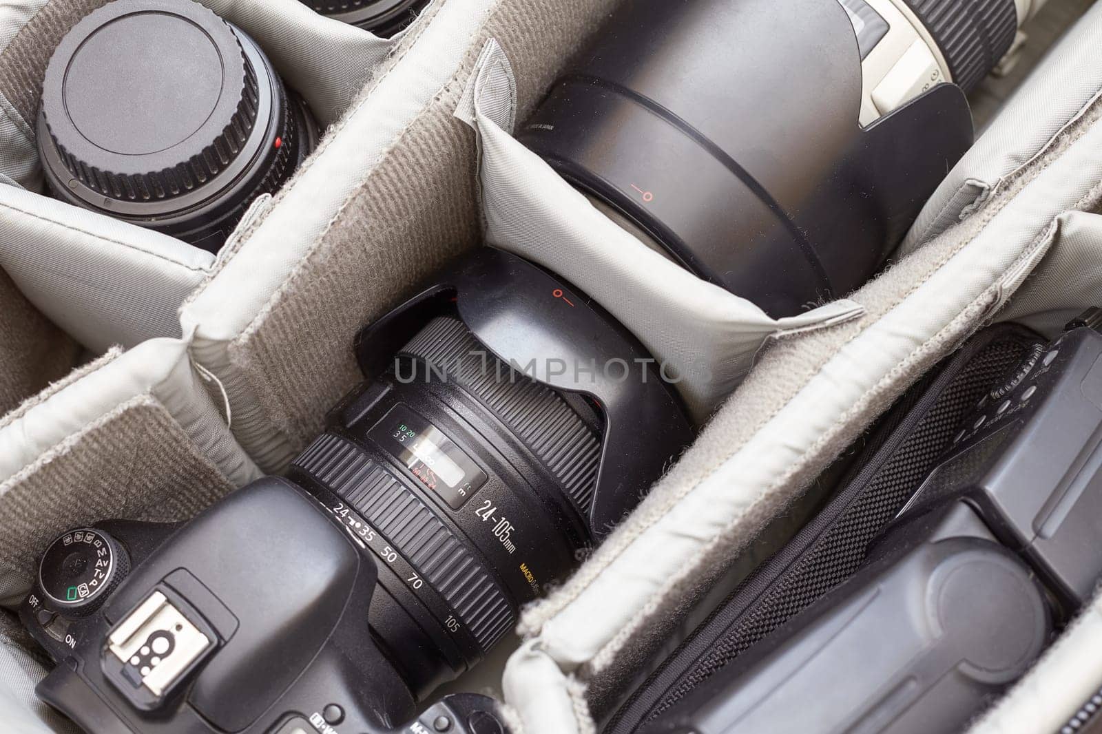 AREQUIPA, PERU - AUGUST 20, 2016: Detail of Professional Photography Equipment in Protective Backpack
