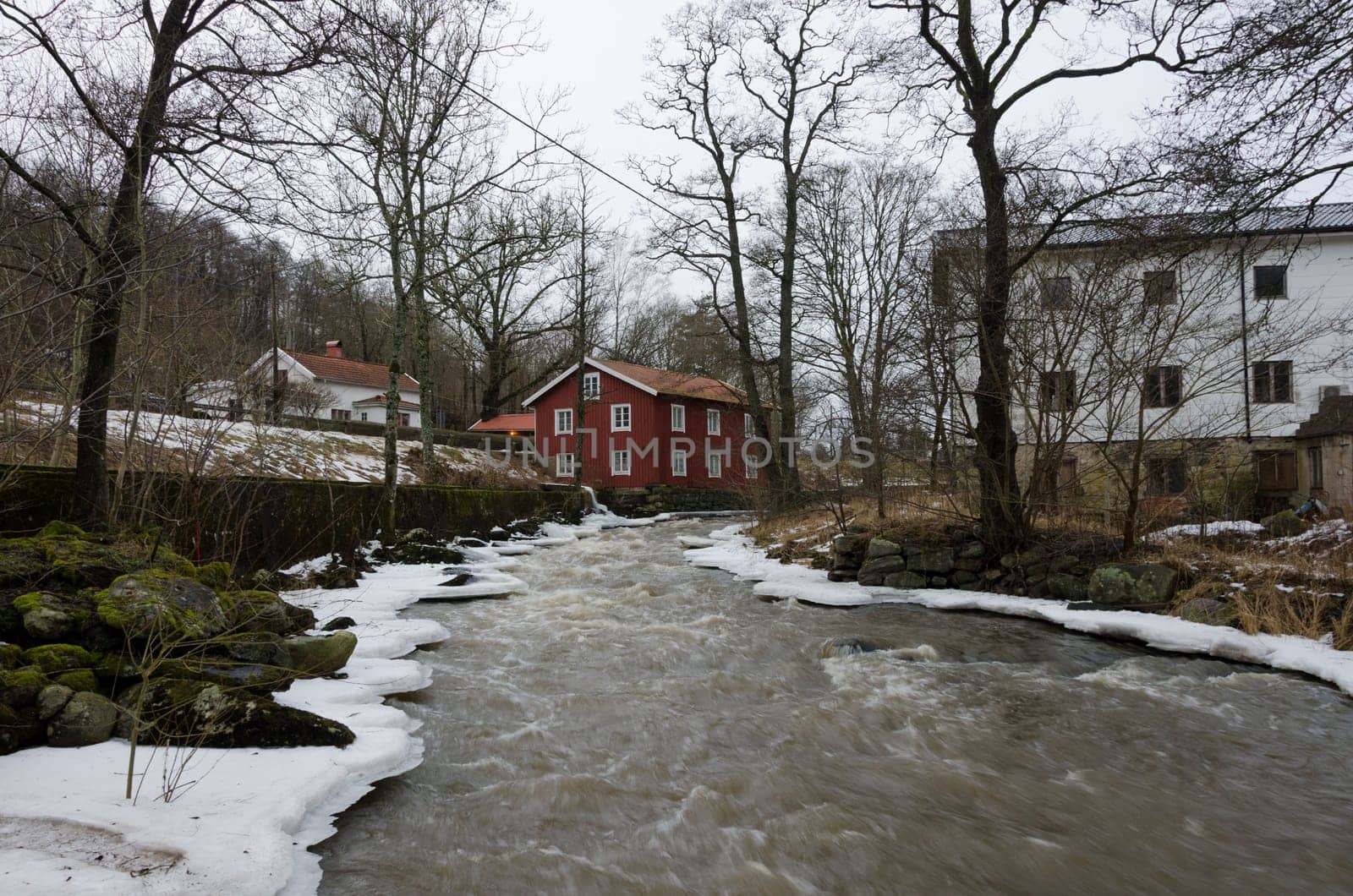 Kungsbacka river with  cold water one grey day in early spring