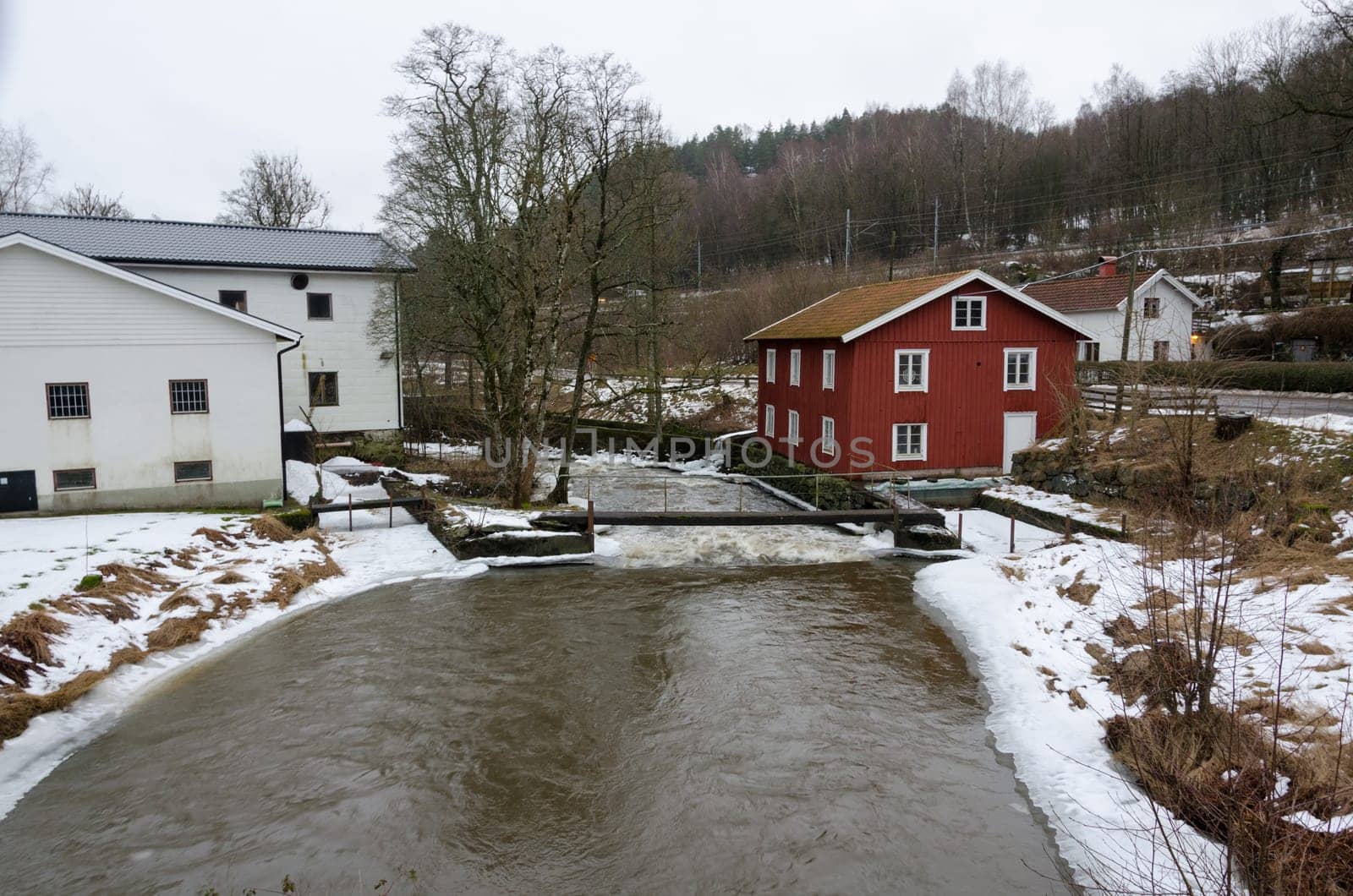 Kungsbacka river with  cold water one grey day in early spring