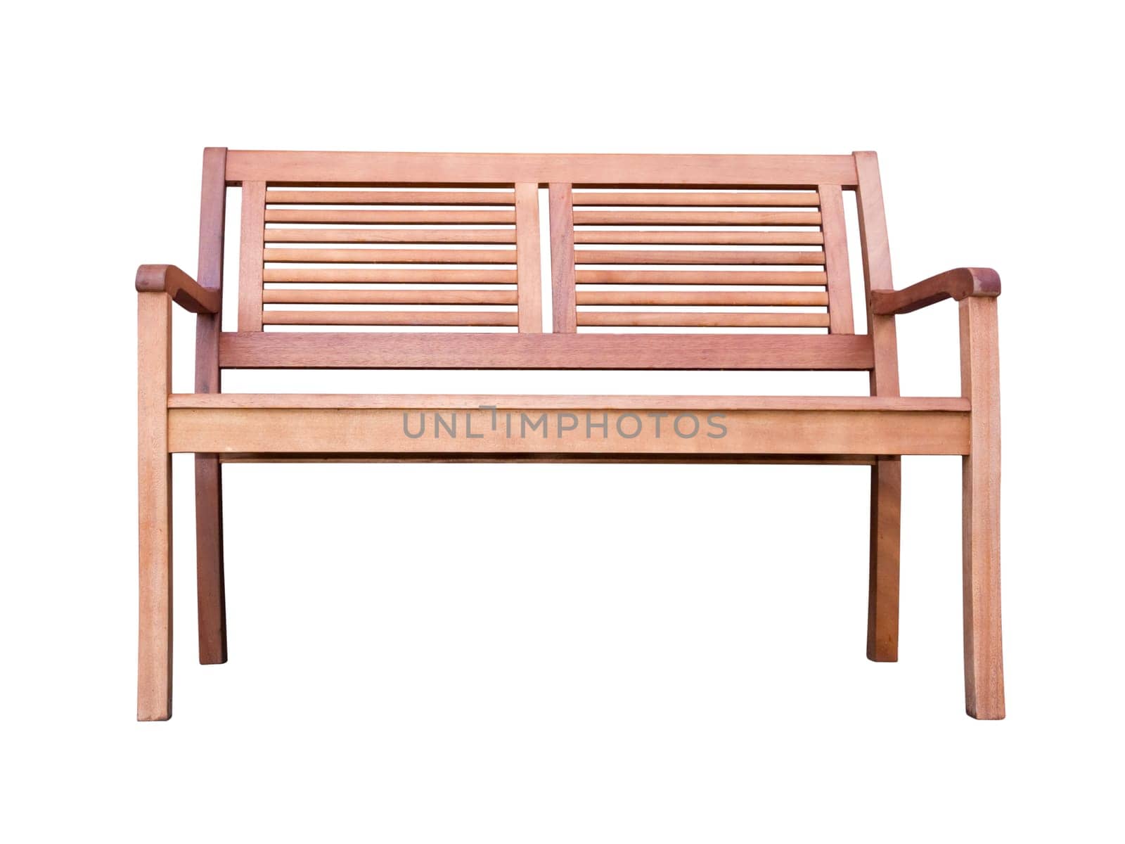 Frontal view near the floor of a wooden bench on a white background