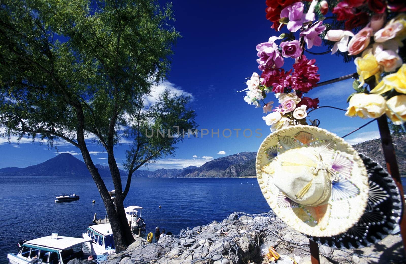 The Lake Atitlan with the Volcanos of Toliman and San Pedro in the back at the Town of Panajachel in Guatemala in Central America.