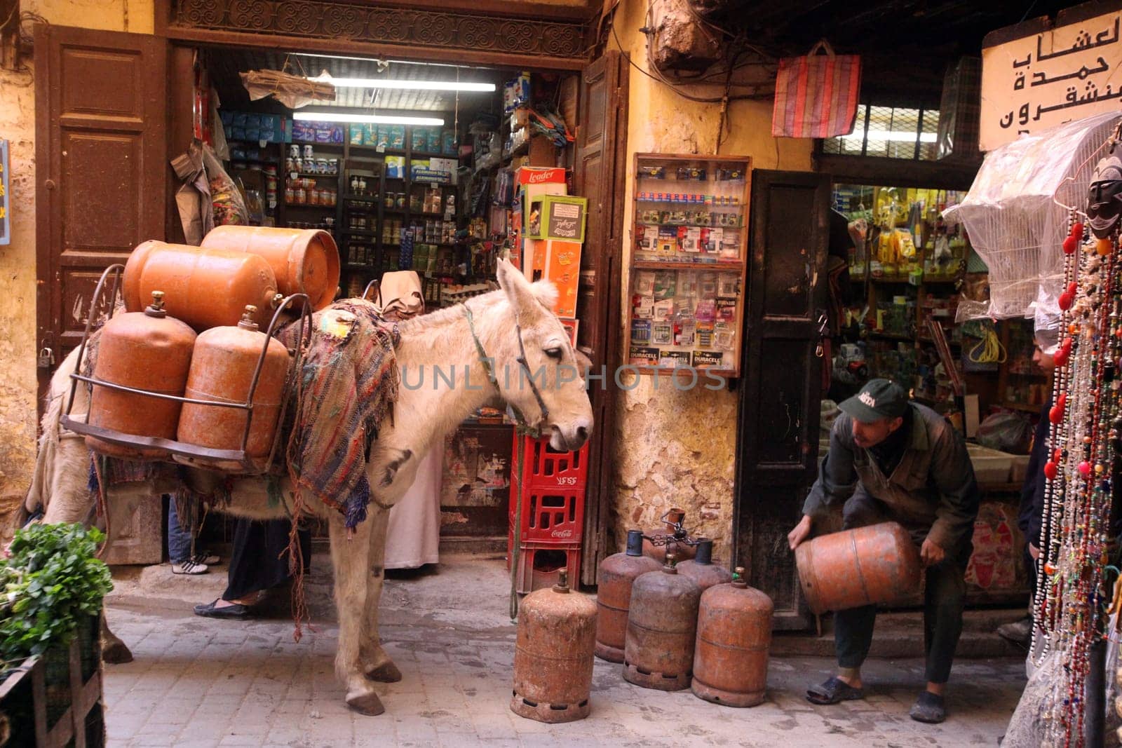 a smal Marketroad in the Medina of old City in the historical town of Fes in Morocco in north Africa.