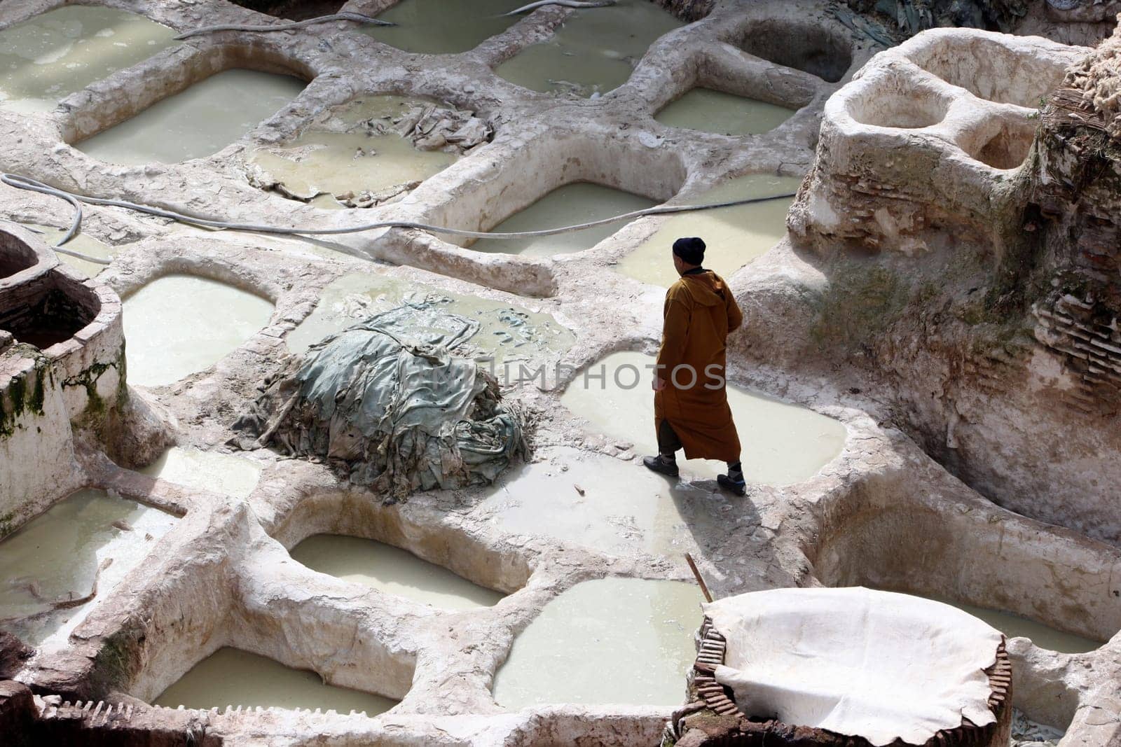 The Leather production in the old City in the historical Town of Fes in Morocco in north Africa.