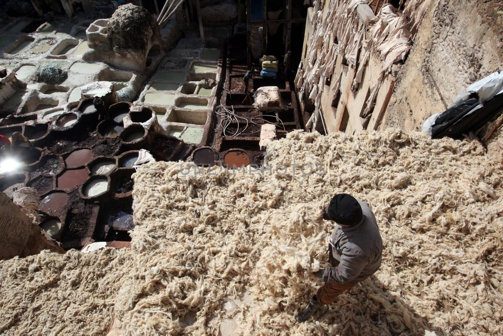 The Leather production in the old City in the historical Town of Fes in Morocco in north Africa.