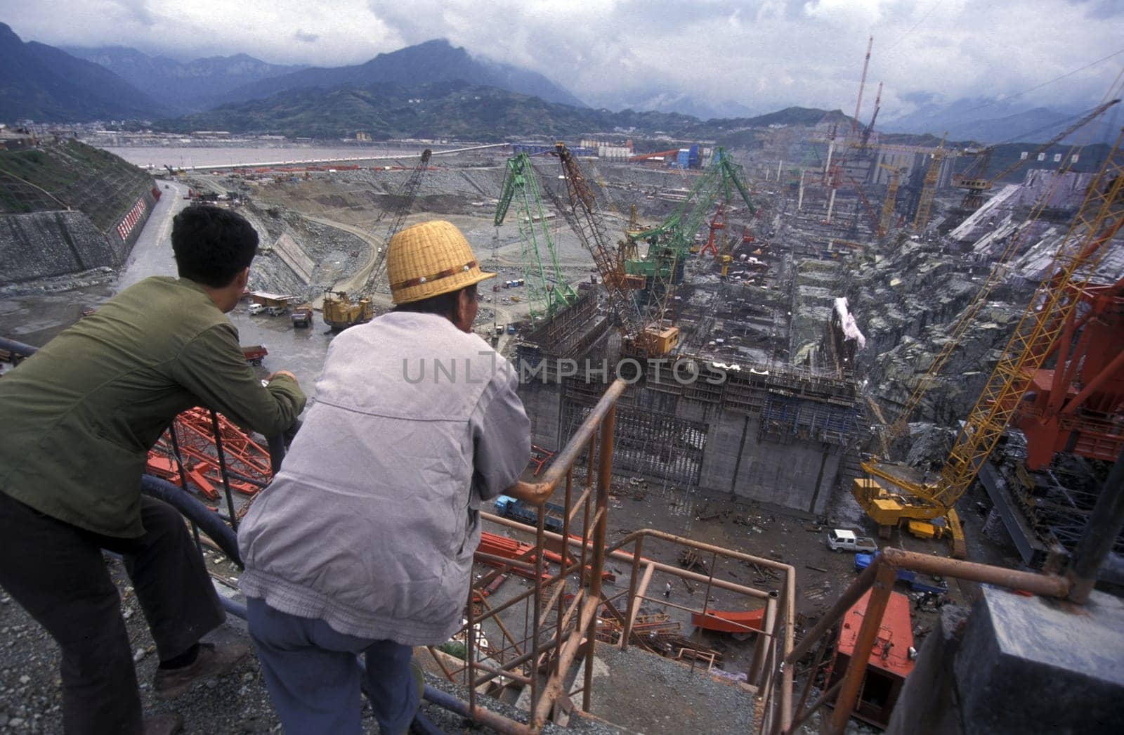 the constructions work at the three gorges dam project on the yangzi river in the province of hubei in china.