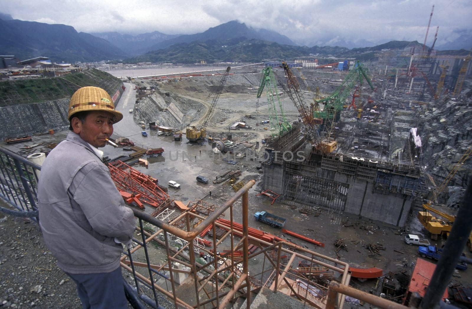 the constructions work at the three gorges dam project on the yangzi river in the province of hubei in china.