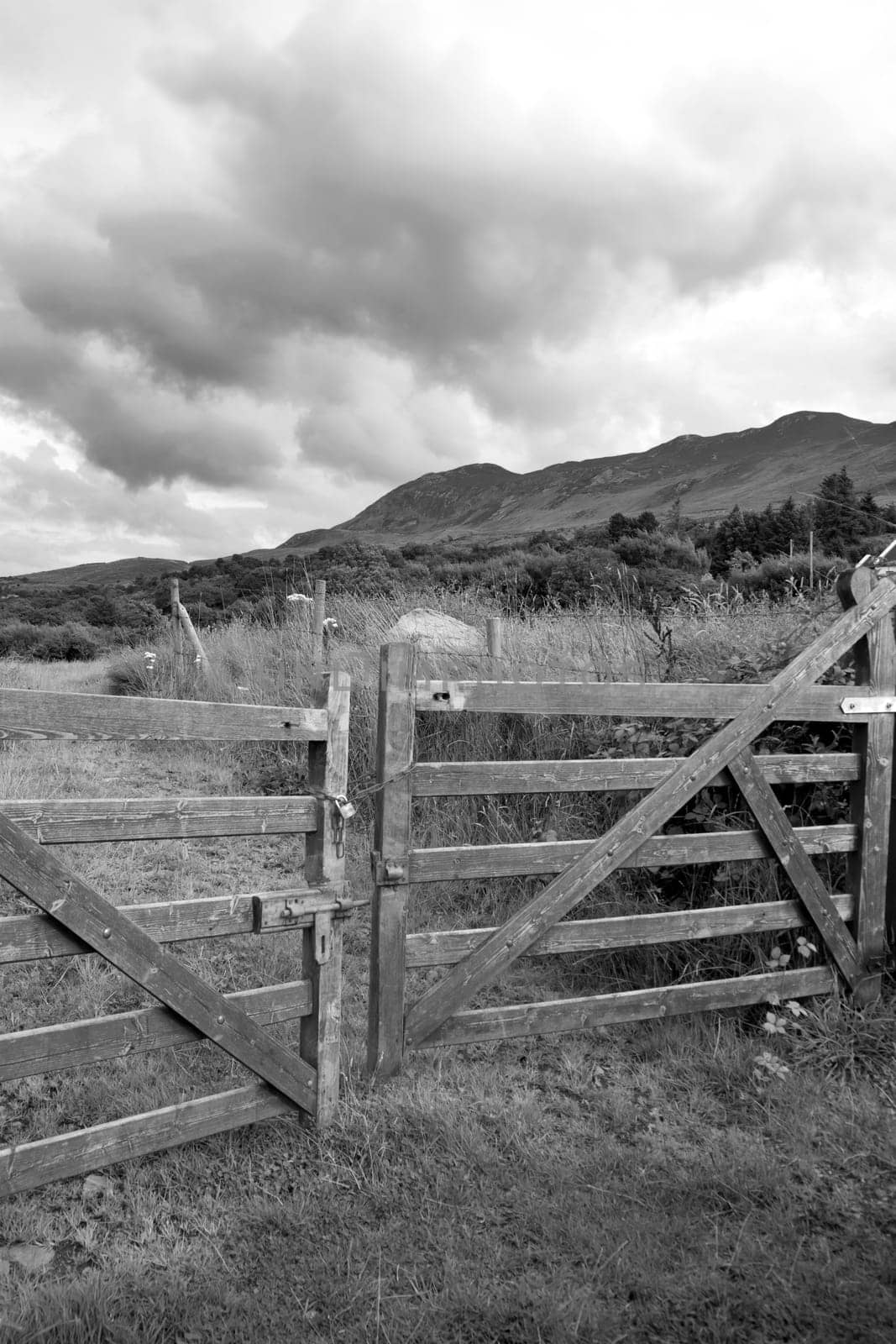 chained fence with mountains at the background in black and white