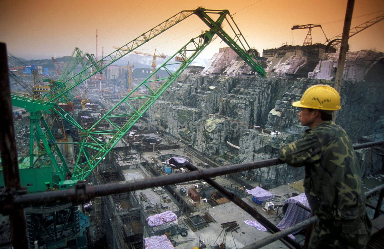 the constructions work at the three gorges dam project on the yangzi river in the province of hubei in china.