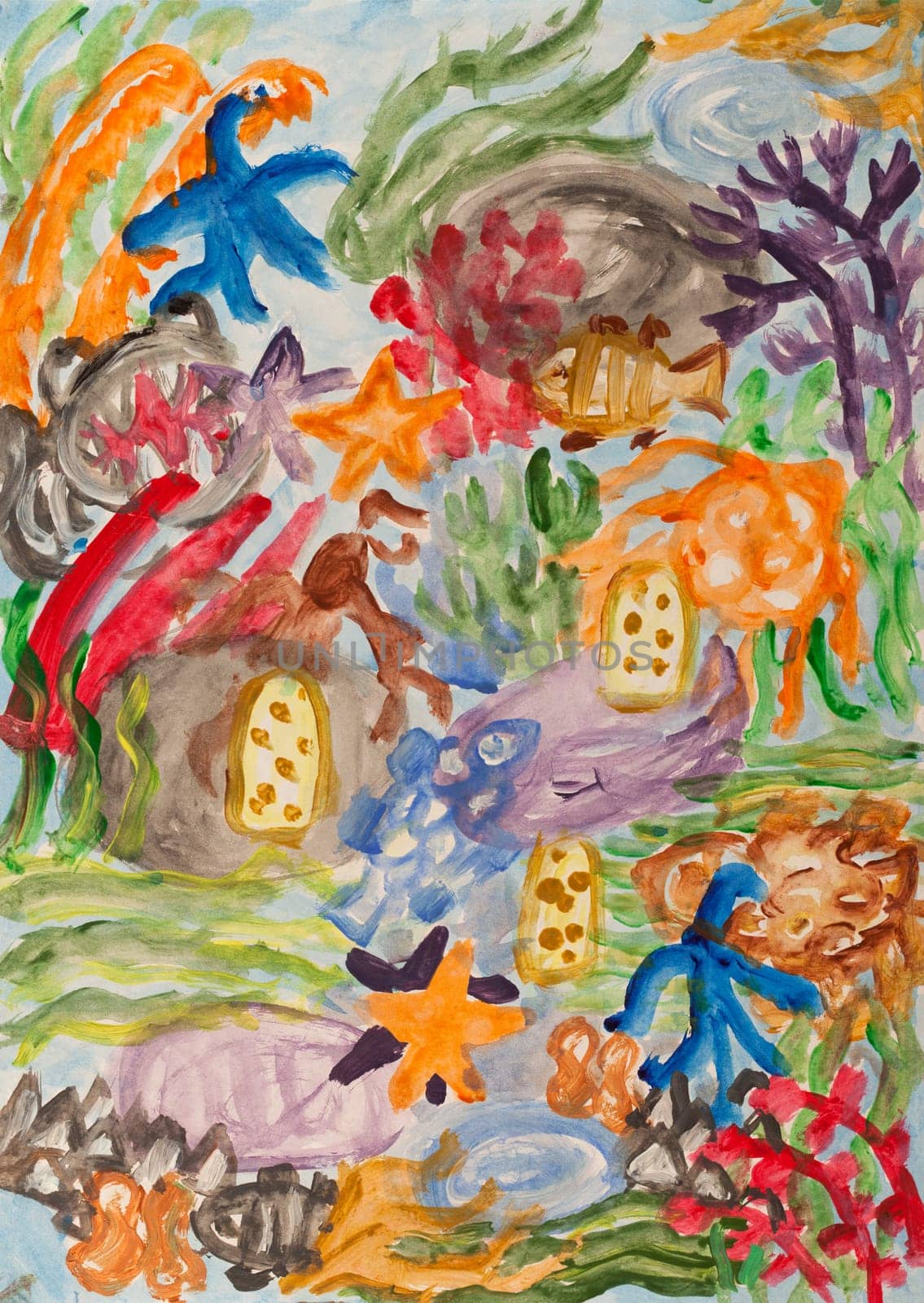 Underwater world abstract acrylic painting.